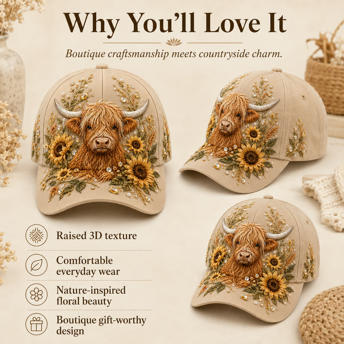🔥LAST DAY 49% OFF - 🦬3D Highland Cow Print Hat🧢(Breathable & Lightweight Comfort & Unisex Fit)