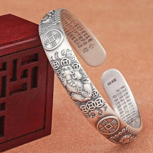 Sterling Silver Wealth Pixiu Heart Sutra Bracelet