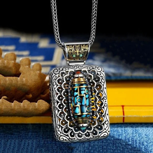 Sterling Silver Turquoise Rotatable Nine-Eyed Dzi Bead Taotie Pendant Necklace