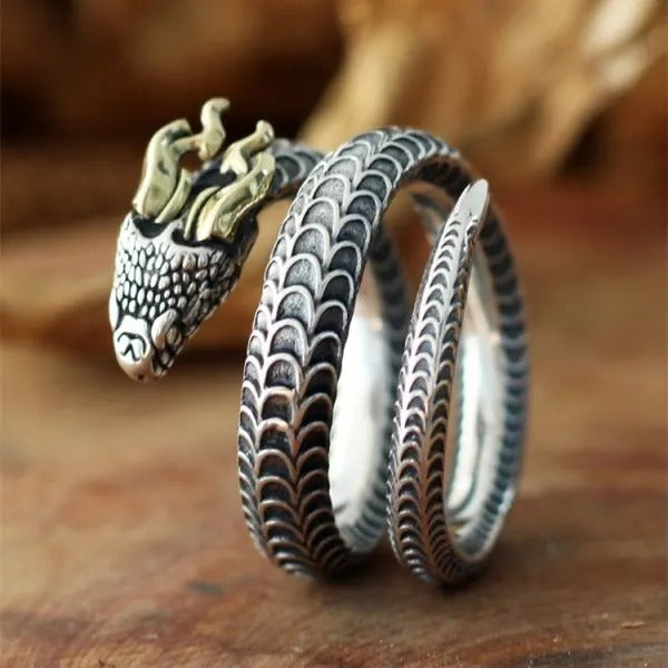 Sterling Silver Dragon Horn Snake Zodiac Ring