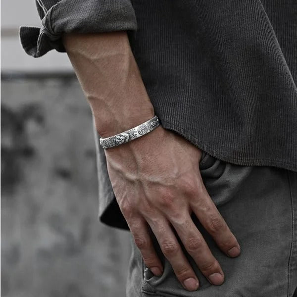 Sterling Silver Wealth Pixiu Heart Sutra Bracelet