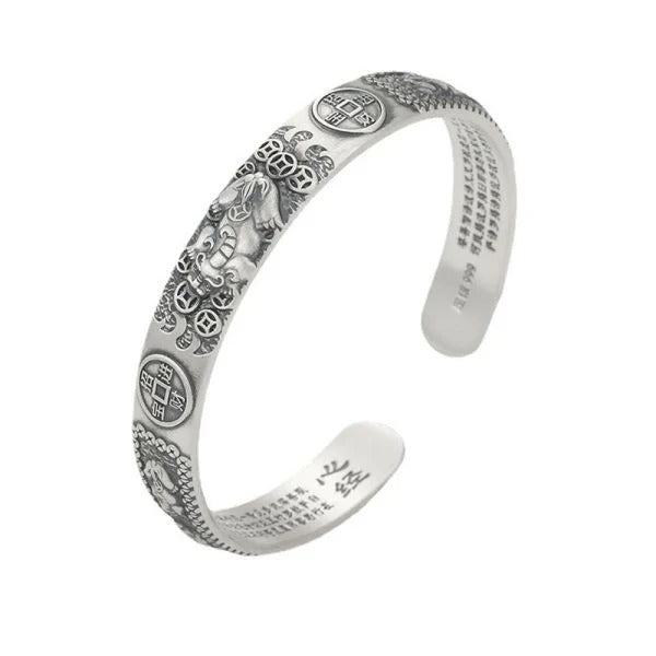 Sterling Silver Wealth Pixiu Heart Sutra Bracelet