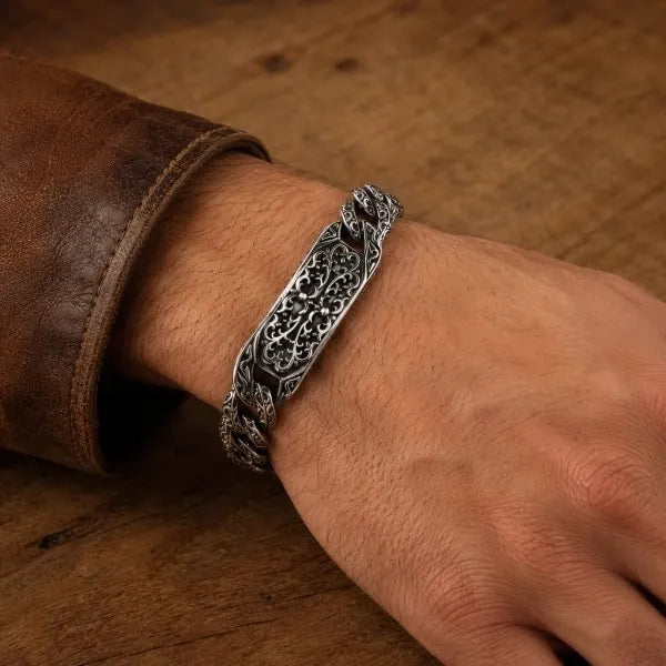 Sterling Silver Vintage Vine Scroll Cross Bracelet