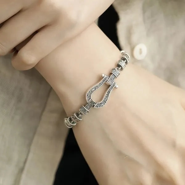 Lucky Horseshoe Sterling Silver Vine Pattern Bracelet